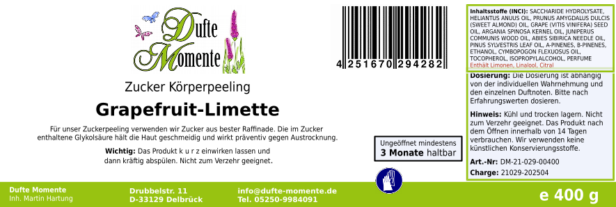 Grapefruit-Limette - 400g Zucker Körperpeeling, für empfindliche Haut