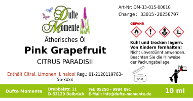 Ätherisches Öl Etikett 10 ml Pink Grapefruit