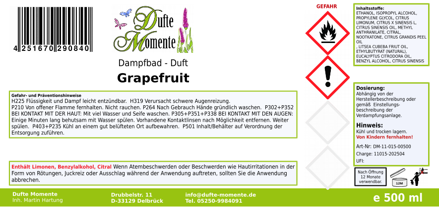 Dampfbadduft Konzentrat Etikett 500 ml Grapefruit