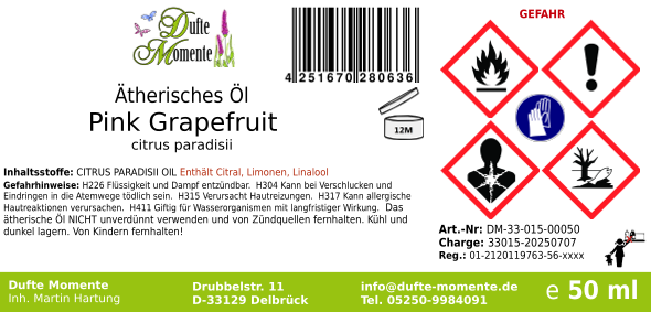 Ätherisches Öl Etikett 50 ml Pink Grapefruit