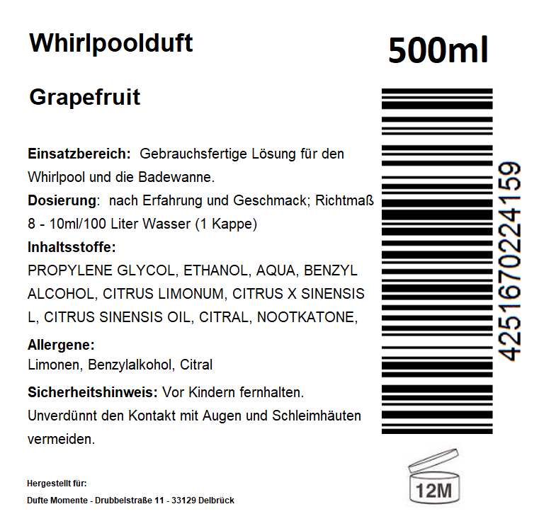 Whirlpoolduft 500 ml Etikett Grapefruit