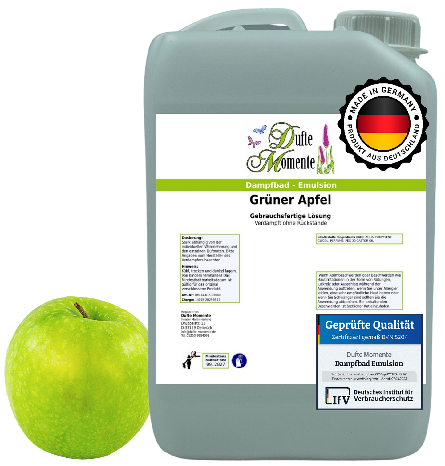 Dampfbad-Emulsion Grüner Apfel | Gebrauchsfertig & DVN-Zertifiziert für Dein Home-Spa | 3L, 5L, 10L