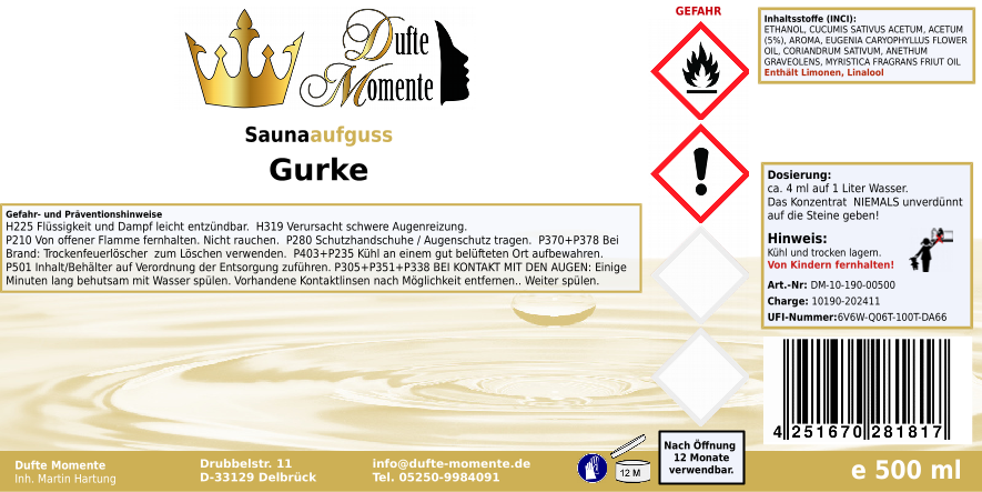 Saunaduft Konzentrat 500 ml Etikett Gurke