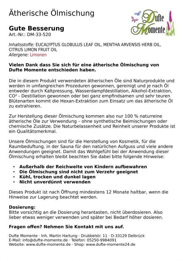 Packungsbeilage ätherische Ölmischung Gute Besserung Dufte Momente mit Inhaltsstoffen Anwendung und Sicherheitshinweisen