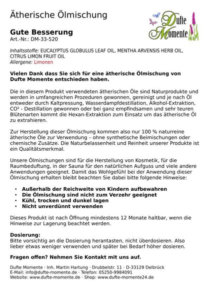 Packungsbeilage ätherische Ölmischung Gute Besserung Dufte Momente mit Inhaltsstoffen Anwendung und Sicherheitshinweisen