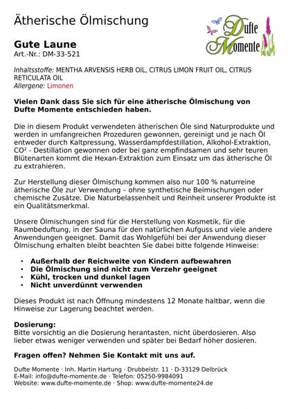 Packungsbeilage ätherische Ölmischung Gute Laune Dufte Momente mit Inhaltsstoffen Anwendung und Sicherheitshinweisen