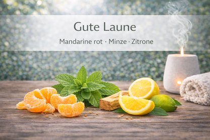 Moodbild ätherische Ölmischung Gute Laune mit Mandarine Minze und Zitrone in entspannter Spa Atmosphäre