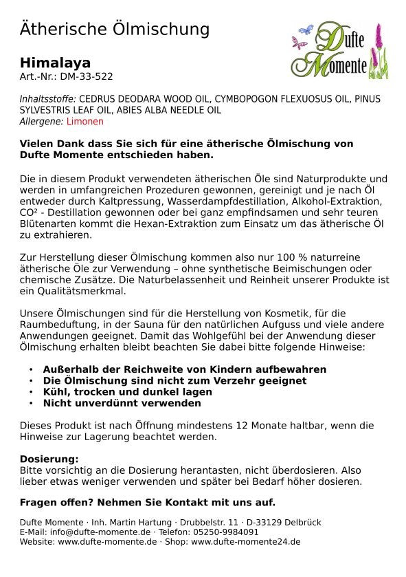 Packungsbeilage ätherische Ölmischung Himalaya Dufte Momente mit Inhaltsstoffen Anwendung und Sicherheitshinweisen