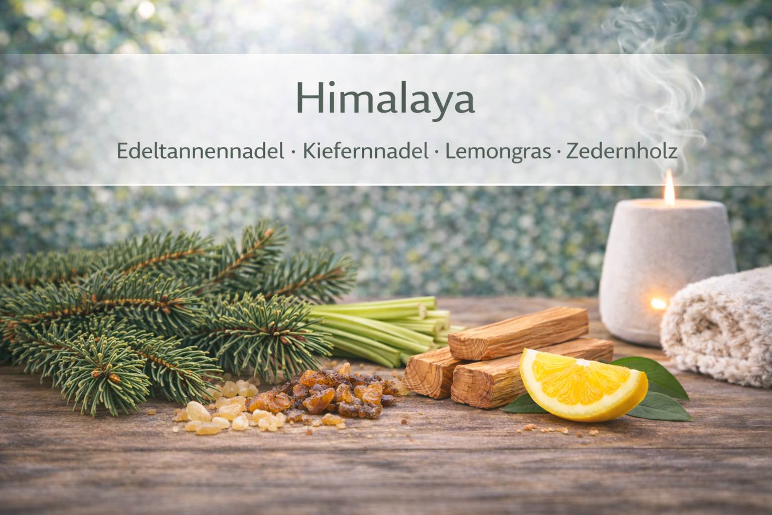 Ätherische Ölmischung Himalaya mit Tanne und Zedernholz in Wellness Atmosphäre