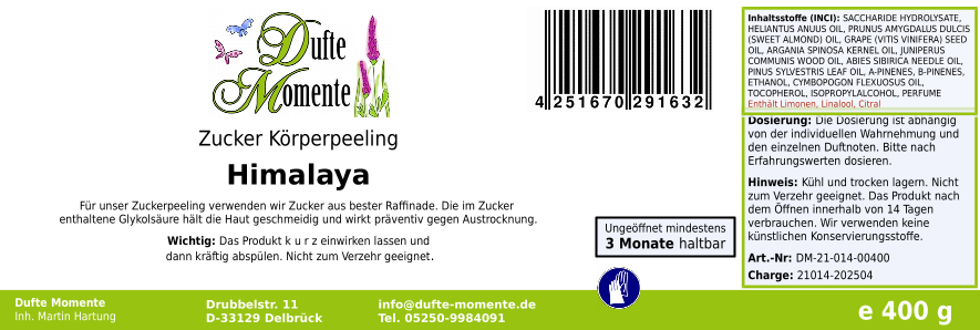 Himalaya (Edeltanne, Kiefernnadel, Lemongras, Zedernholz) - 400g Zucker Körperpeeling, für empfindliche Haut