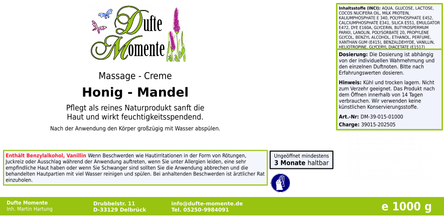 Massage-Creme Honig-Mandel -  1 kg, mit hochwertiger Sheabutter