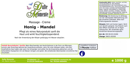 Massage-Creme Honig-Mandel -  1 kg, mit hochwertiger Sheabutter