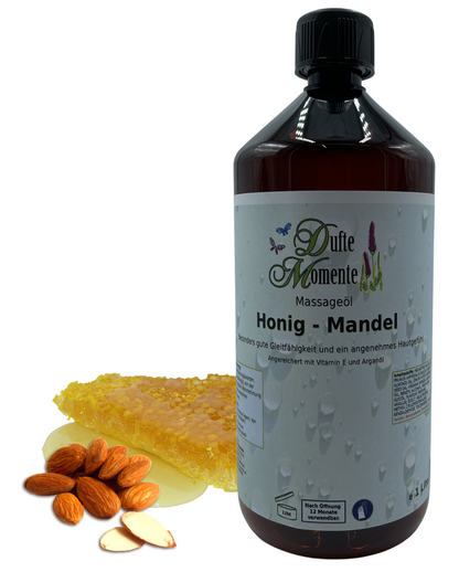 Massageöl 1 Liter Honig-Mandel mit visualisierten Bestandteilen