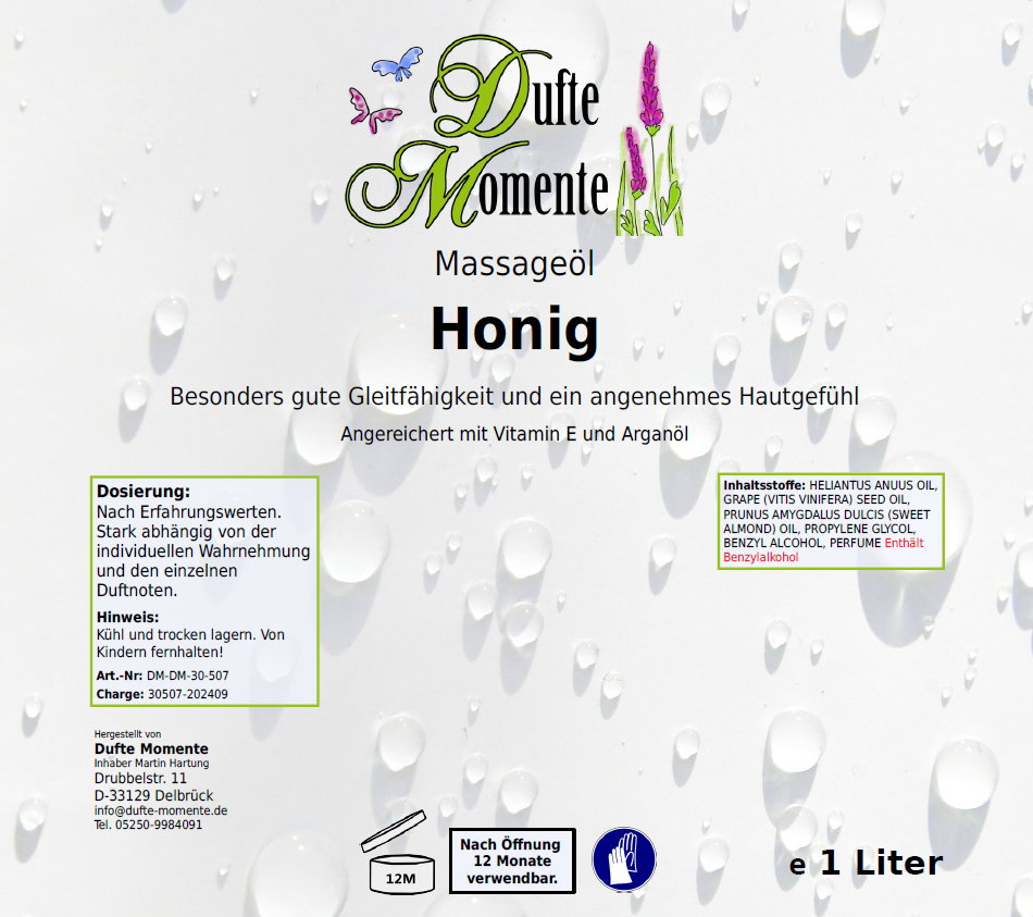 Massageöl-Etikett 1 Liter Honig