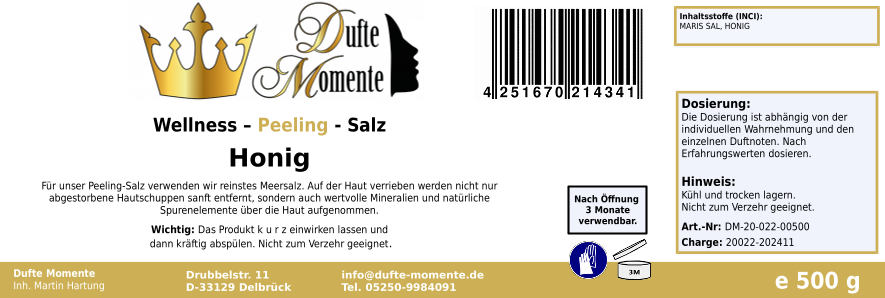 Honig - 500g Salz Körperpeeling, mit BIO-Meersalz