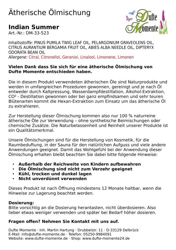Packungsbeilage ätherische Ölmischung Indian Summer Dufte Momente mit Inhaltsstoffen Anwendung und Sicherheitshinweisen