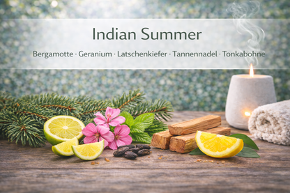 Ätherische Ölmischung Indian Summer mit Orange und Gewürzen in Wellness Atmosphäre
