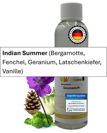 Saunaduft Indian Summer in 250ml Flasche mit Duftbestandteilen und Duftbanner