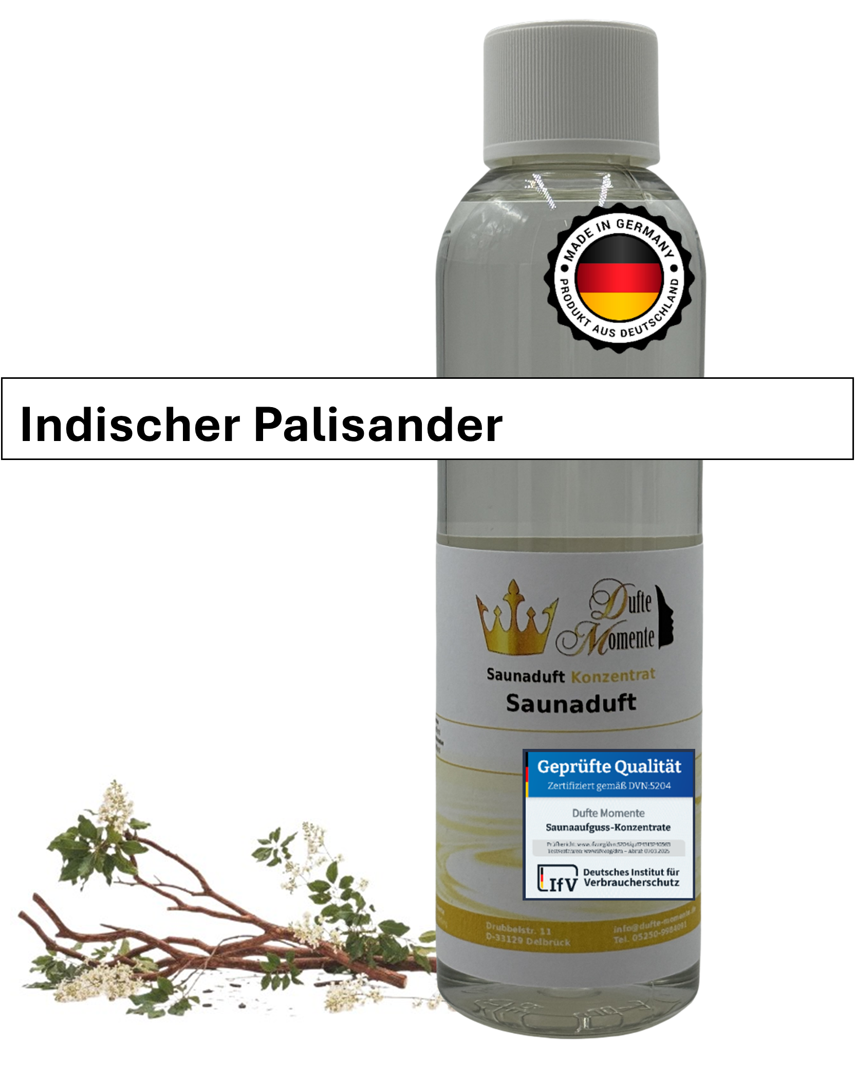 Saunaduft Indischer Palisander in 250ml Flasche mit Palisander und Duftbanner