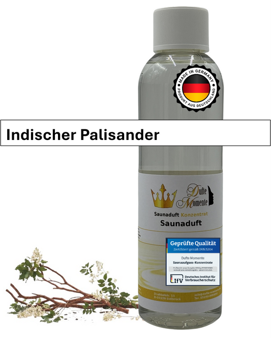 Saunaduft Indischer Palisander in 250ml Flasche mit Palisander und Duftbanner