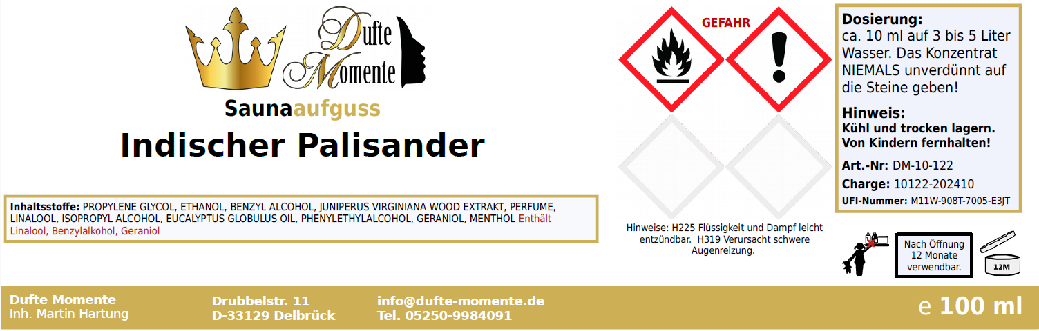 Saunaduft Konzentrat Etikett 100ml Indischer Palisander