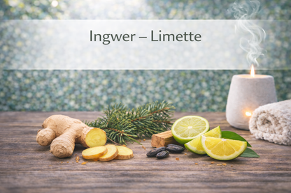 Ätherische Ölmischung Ingwer Limette mit Ingwer und Limette in Wellness Atmosphäre