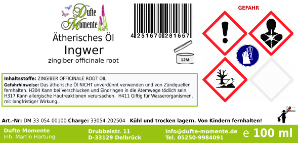 Ätherisches Öl Etikett 100 ml Ingwer