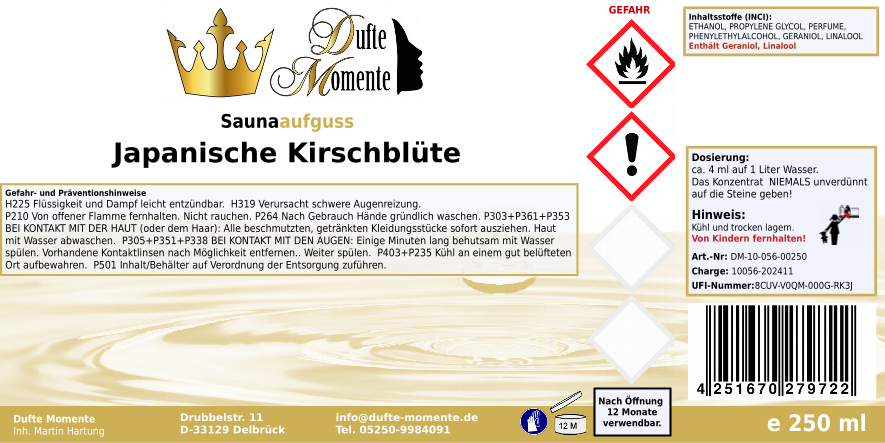 Saunaduft Konzentrat 250 ml Etikett Japanische Kirschblüte