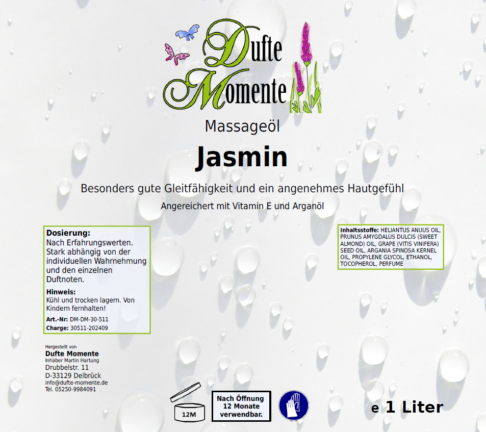 Massageöl-Etikett 1 Liter Jasmin