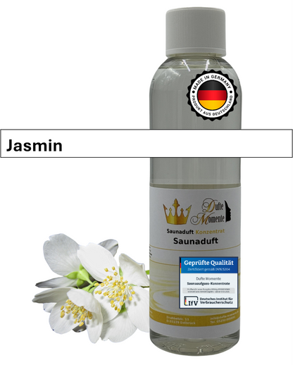 Saunaduft Jasmin in 250ml Flasche mit Duftbestandteilen und Duftbanner