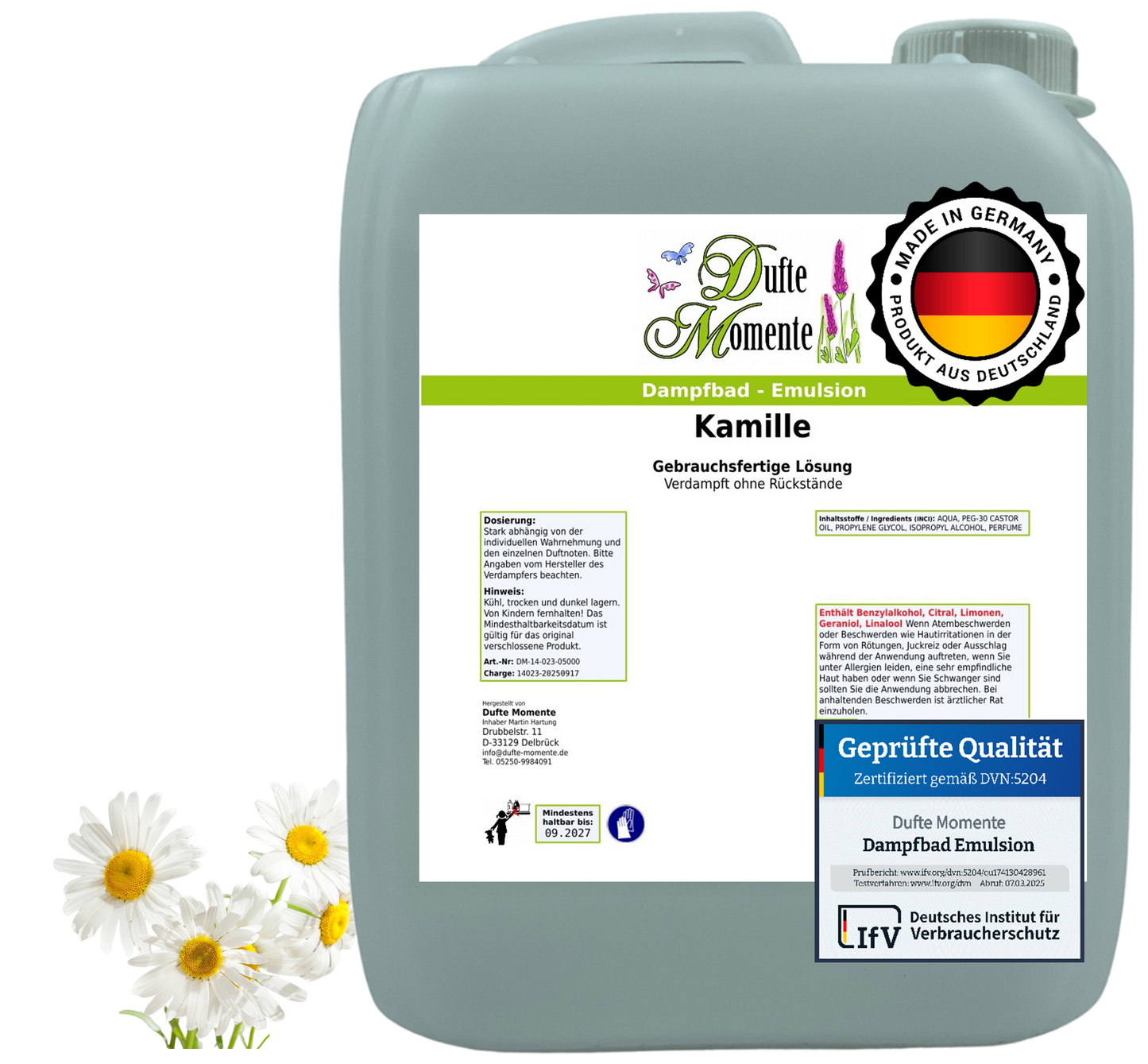 Dampfbad-Emulsion Kamille | Gebrauchsfertig & DVN-Zertifiziert für Dein Home-Spa | 3L, 5L, 10L