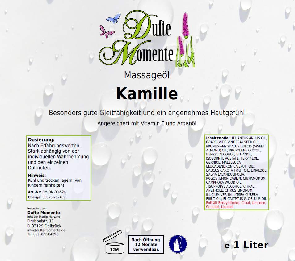 Massageöl-Etikett 1 Liter Kamille