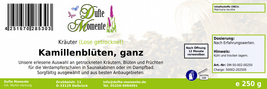 Getrocknete Kräuter Etikett 250g Kamillenblüten ganz