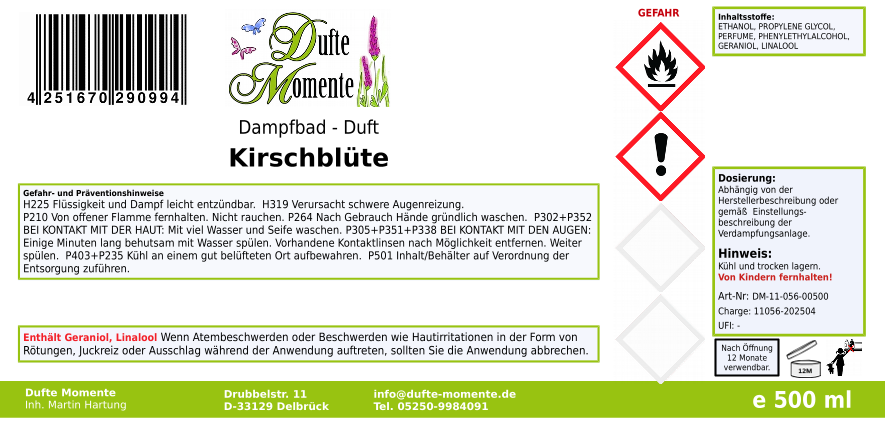 Dampfbadduft Konzentrat Etikett 500 ml Kirschblüte