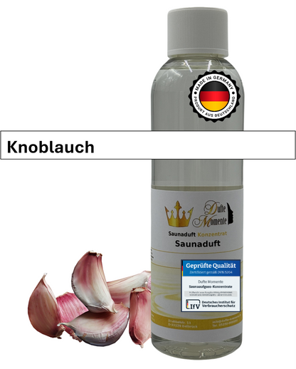 Saunaduft Knoblauch in 250ml Flasche mit Knoblauch und Duftbanner