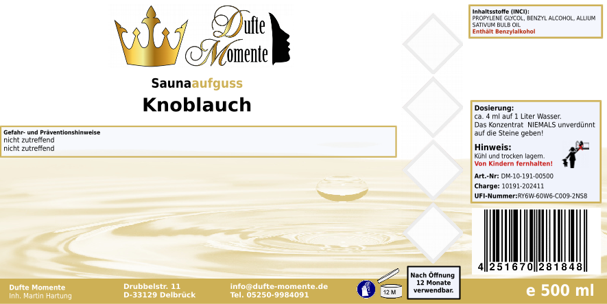 Saunaduft Konzentrat 500 ml Etikett Knoblauch