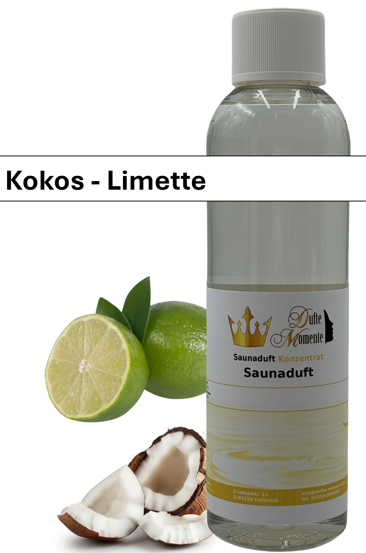 Saunaaufguss kokos-limette in 250ml Flasche mit Duftbanner