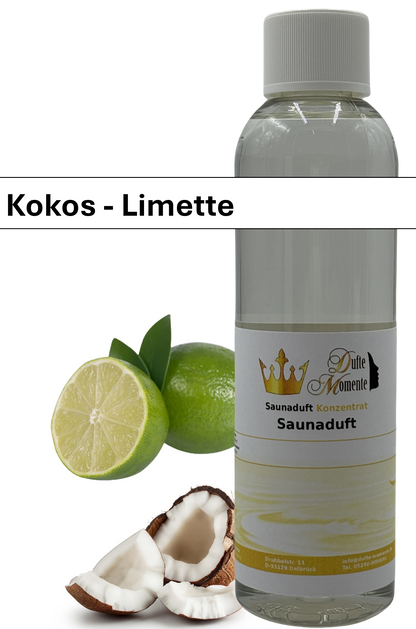 Saunaaufguss kokos-limette in 250ml Flasche mit Duftbanner