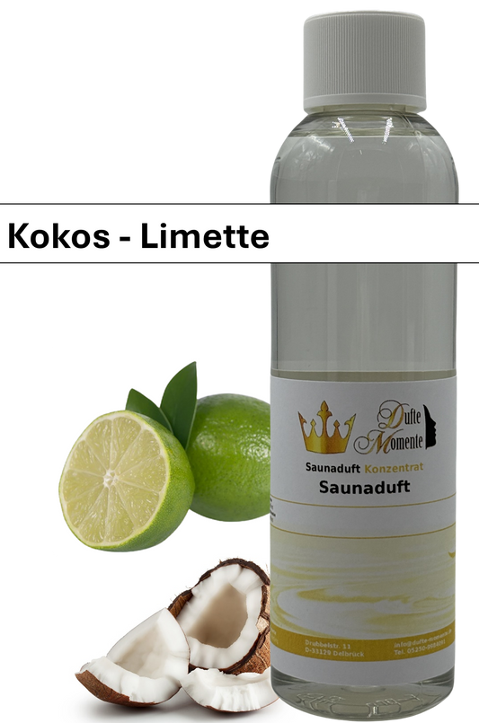 Saunaaufguss kokos-limette in 250ml Flasche mit Duftbanner