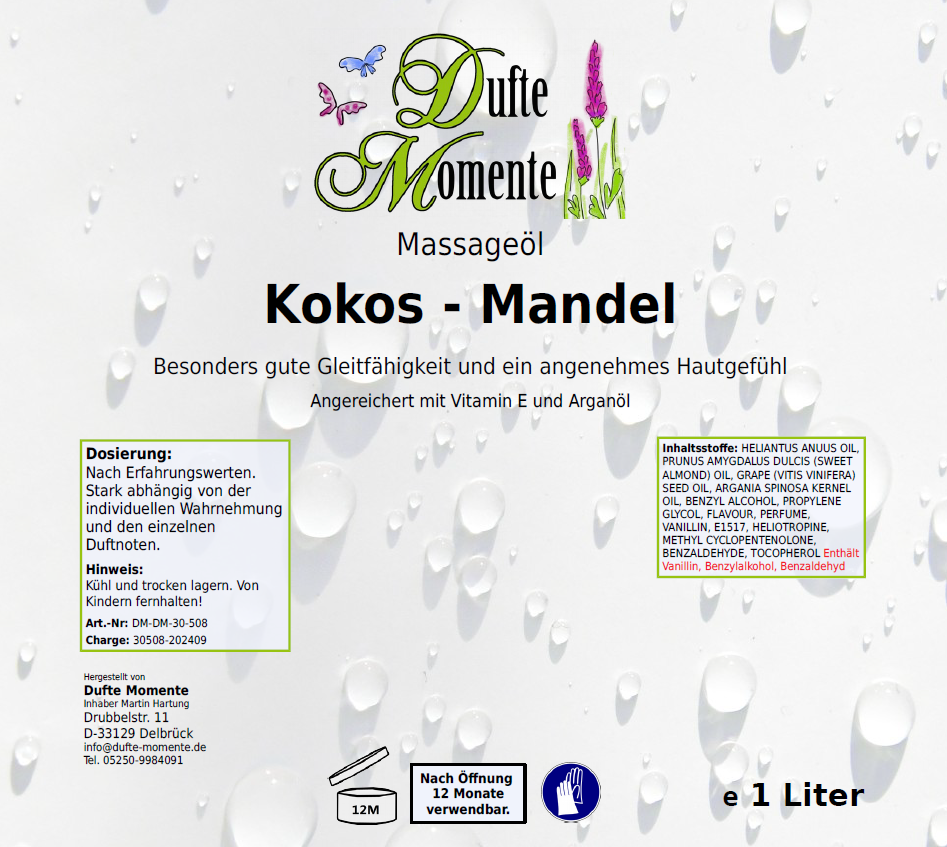 Massageöl-Etikett 1 Liter Kokos - Mandel