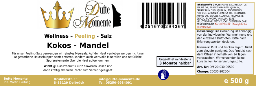 Kokos-Mandel - 500g Salz Körperpeeling, mit BIO-Meersalz