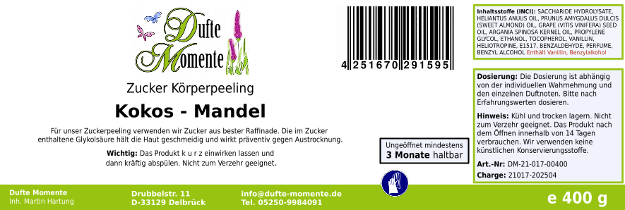 Kokos-Mandel - 400g Zucker Körperpeeling, für empfindliche Haut