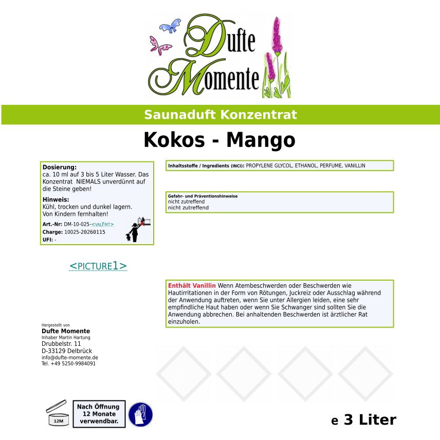 Saunaduft Etikett Kokos-Mango 3 Liter