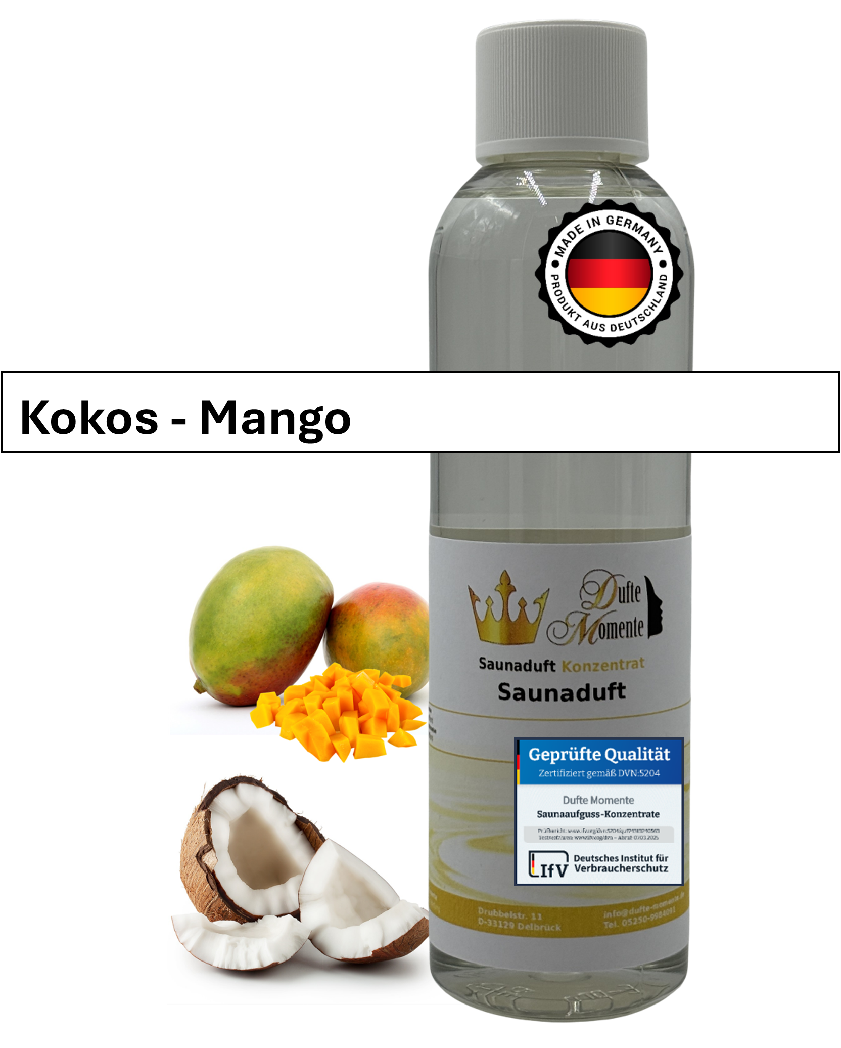 Saunaduft Kokos-Mango in 250ml Flasche mit Duftbestandteilen und Duftbanner