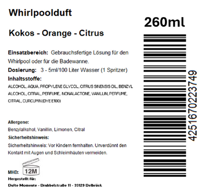 Whirlpoolduft 260 ml Etikett Kokos - Orange -Citrus