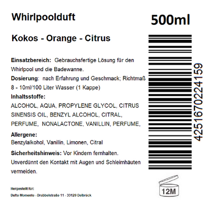 Whirlpoolduft 500 ml Etikett Kokos - Orange - Citrus