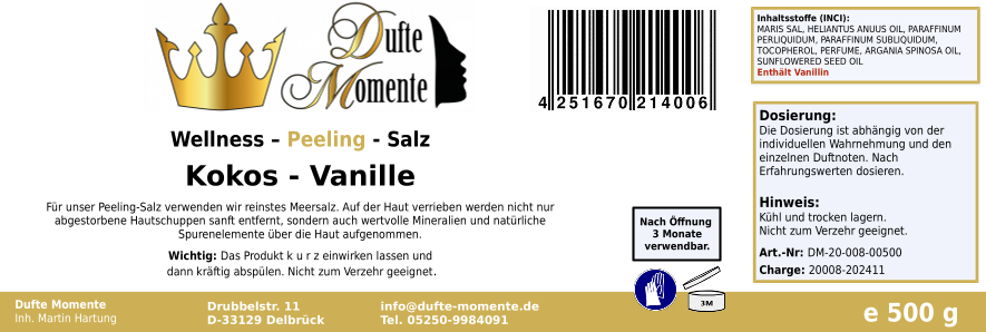 Kokos-Vanille - 500g Salz Körperpeeling, mit BIO-Meersalz
