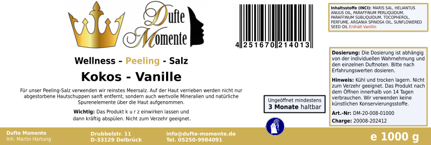 Kokos-Vanille - 1 kg Salz Körperpeeling, mit BIO-Meersalz