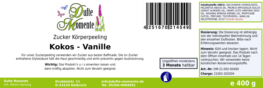 Kokos-Vanille - 400g Zucker Körperpeeling, für empfindliche Haut