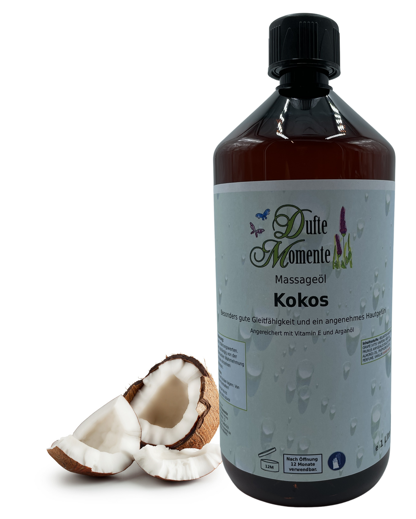 Massageöl 1 Liter Kokos mit visualisierten Bestandteilen